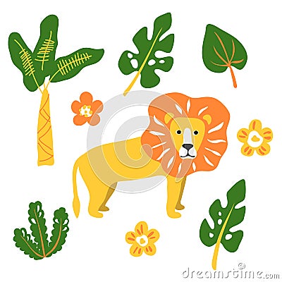 Vector cute lion animal palm tree leaf Vector Illustration